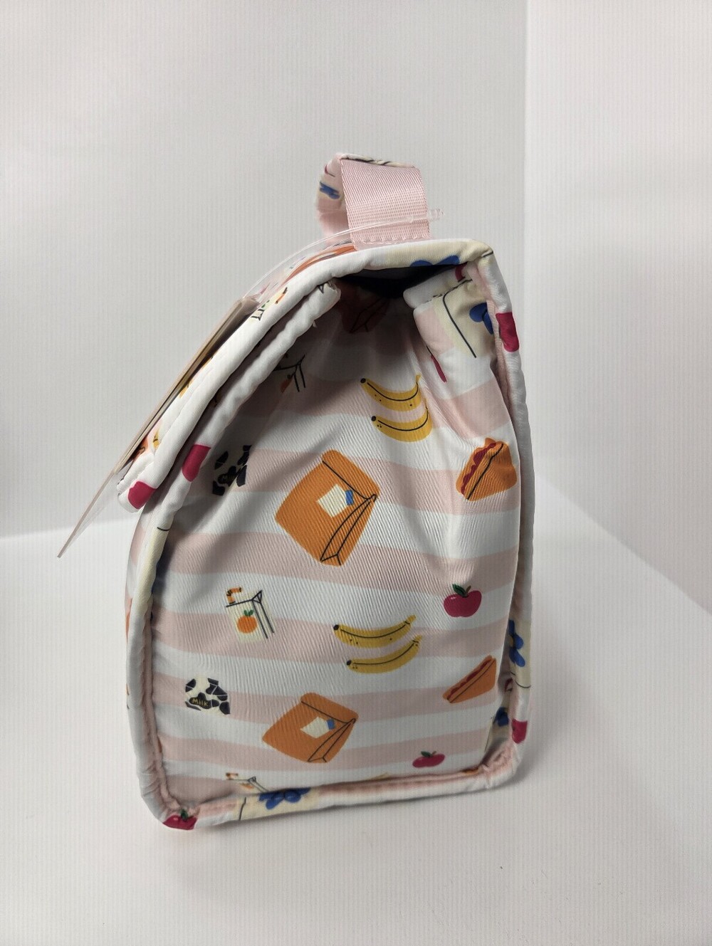 💕▪️Betsey Johnson ▪️Pink Striped Flap Top Lunch Bag with Fruit & Snack Print - Picture 4 of 6